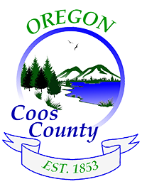 Coos County Oregon logo is drawing of mountains, lake with trees.