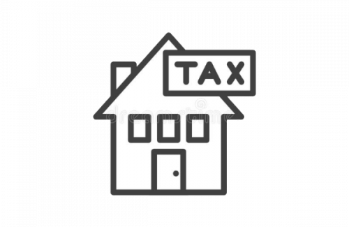 black and white stick figure house with sign that reads tax