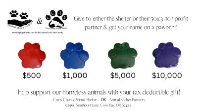 Donor Pawprints: Purple is $10,000, Green in $5,000, Blue is $1,000 and Red is $500